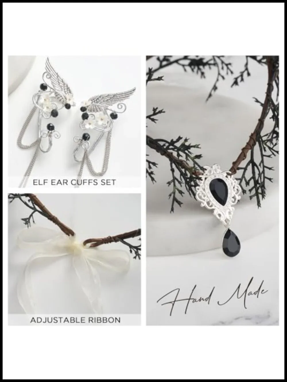 Fairy Flower Crown with Elf Ear Cuffs, Elven Princess Tiara, Costume Headpiece
